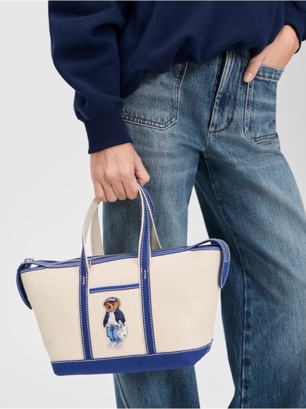 Polo Ralph Lauren Spring Bear Mini Shopper Tote Ecru Indigo Sky - Picture 3 of 3
